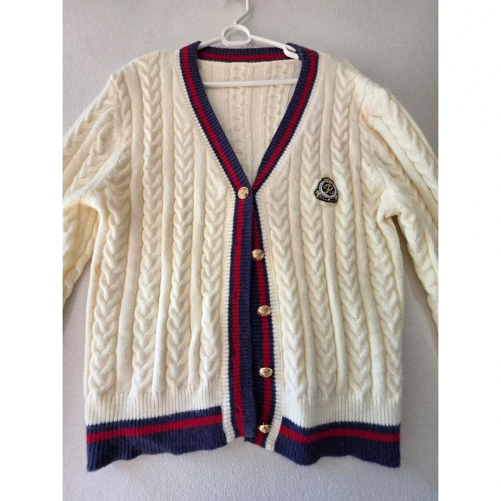 Womens Cable Knit Cardigan Sweater Cream Navy Red Gold Buttons Preppy Size L